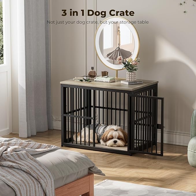 Lyromix 33'' Dog Crate Furniture with 3 Doors,Wooden Crate End Table Heavy Duty Indoor Puppy Cage for Small to Medium Dogs, Multiple Units Can be Combined, Grey