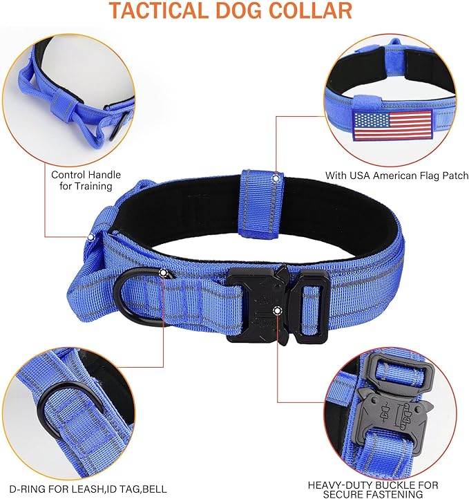KCUCOP Tactical Dog Collar for Medium & Large Dogs - Military Nylon Heavy Duty Collar with Handle, Reflective Strip & Metal Buckle for Training, Outdoor (Reflective Dark Blue, Medium)