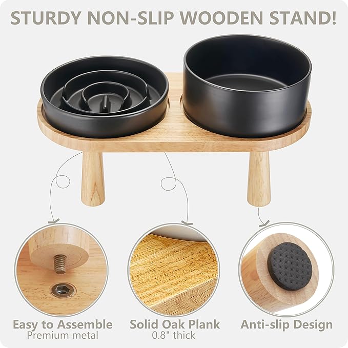 Ceramic Slow Feeder and Water Bowl Set for Small Dogs, 6.0inch Ceramic Dog Bowls Elevated with Wooden Stand, 0.6 Cups Dog Slow Feeder(14oz) and 30oz Water Bowl Set, Black