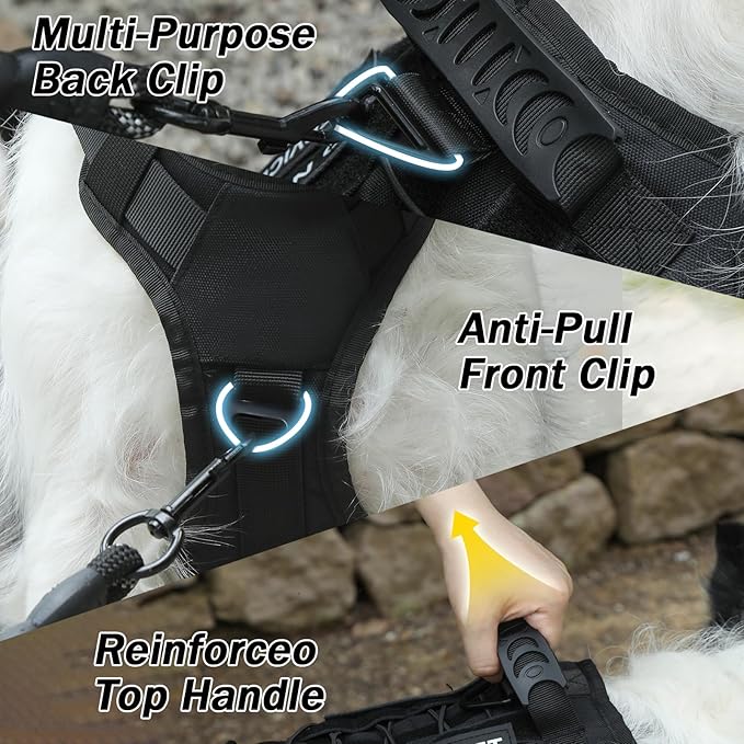 No Pull Tactical Dog Harness for Large Dogs, Escape Proof Molle Dog Vest Harness and Leash Set, Adjustable Military Service Dog Harness with Handle for Medium Large Dogs(Black, L)
