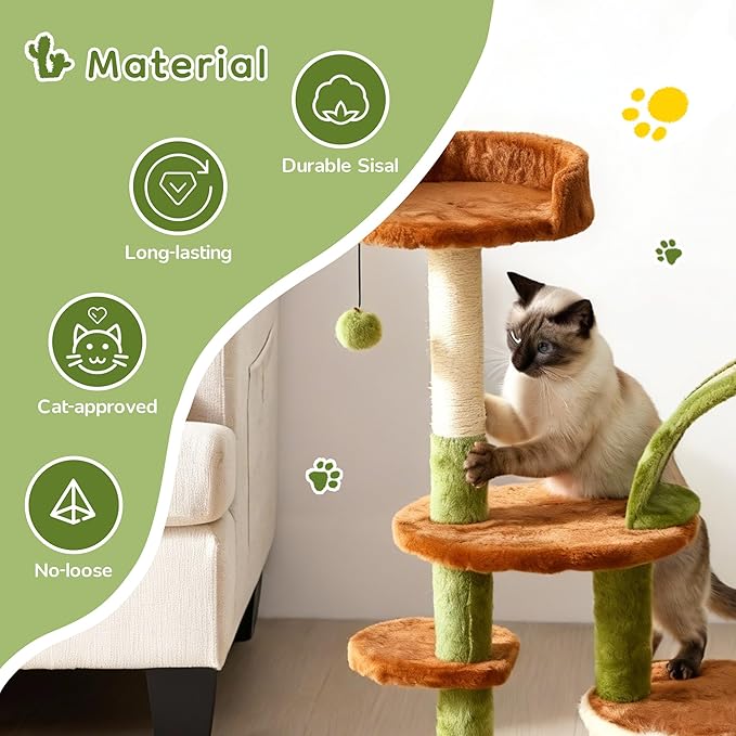 Cactus Cat Tree for Indoor Cats, Multi-Level Cat Tower with Sisal Scratching Posts, Stable Cat Condo with Perches and Climbing Steps, 36.6", Brown