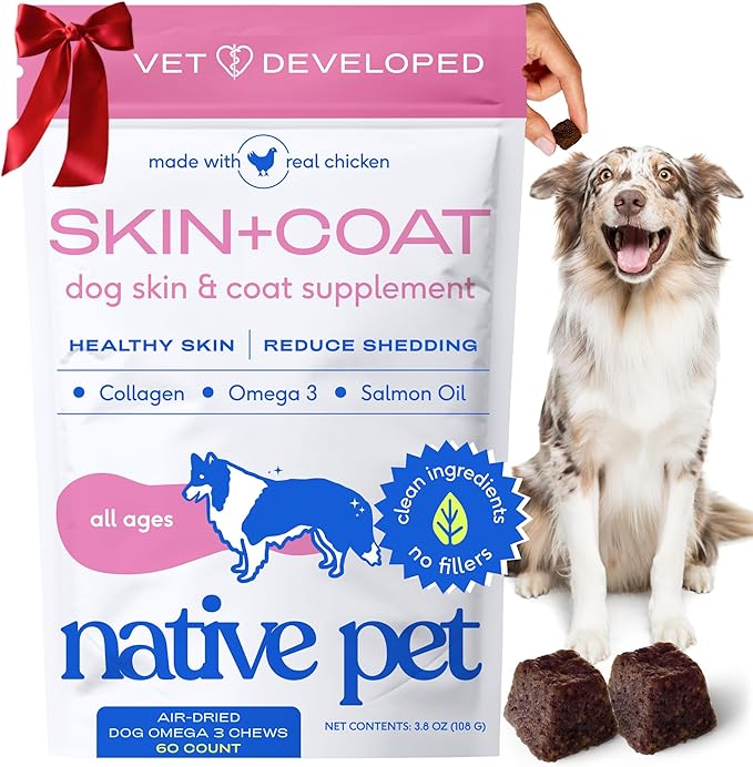 Native Pet Omega Skin and Coat Chews for Dogs - Dog Skin and Coat Supplement for Healthy, Shiny Fur, Reduce Shedding and Dry Spots - Made with Omega 3 Fish Oil and Wild-Caught Salmon Oil - 60 Chews