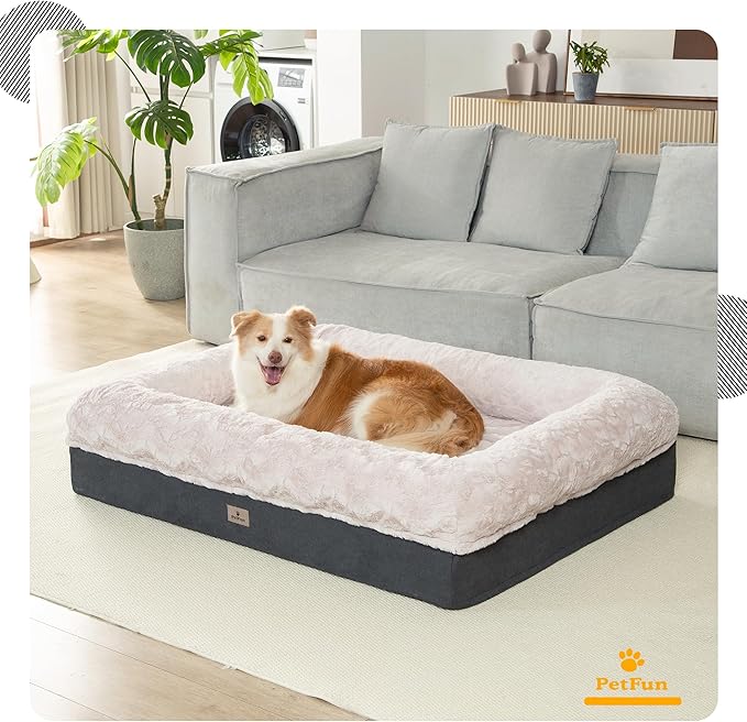Memory Foam XL Dog Bed for XLarge Sized, Extra Large Orthopedic Dog Sofa with Sides and Waterproof Liner, Washable Bolster Pet Bed Couch with Removable Cover, 60x43x13 Inch, Beige