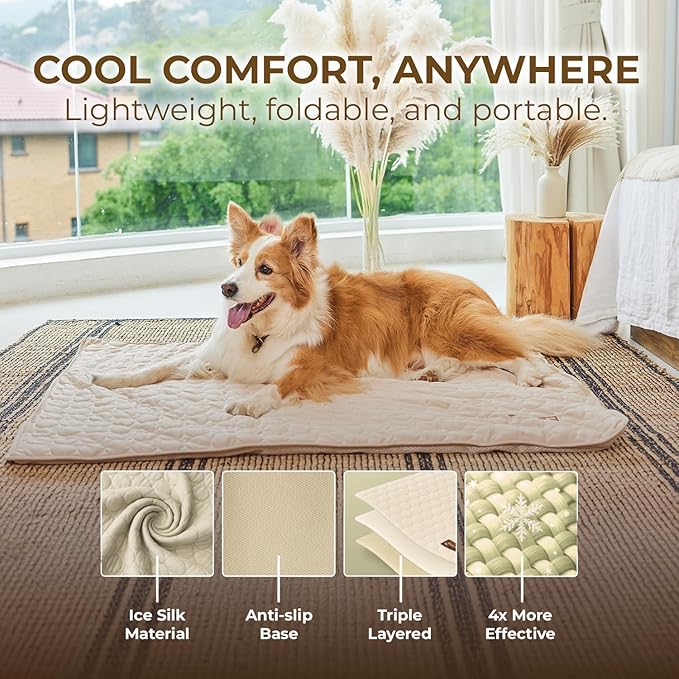 Pelsbarn Dog Cooling Mat- Ice Silk Summer Comfort, Self Cooling, Non-Slip Dog Pad, Durable & Washable, Mat for Small Dogs 18" x 21", Support Shelter Dogs with Every Purchase (Beige)
