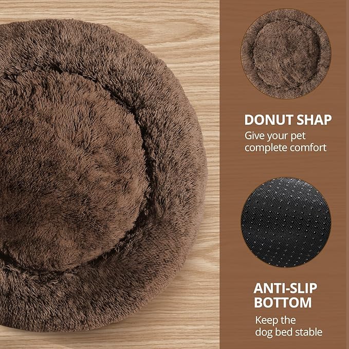 JOLLYVOGUE Small Dog & Cat Beds for Indoor Cats, Donut Cuddler Warming Soft Dog Beds with Anti-Slip Bottom, Round Calming Fluffy Plush Faux Fur Cushion Bed for Small Dogs (20", Coffee)