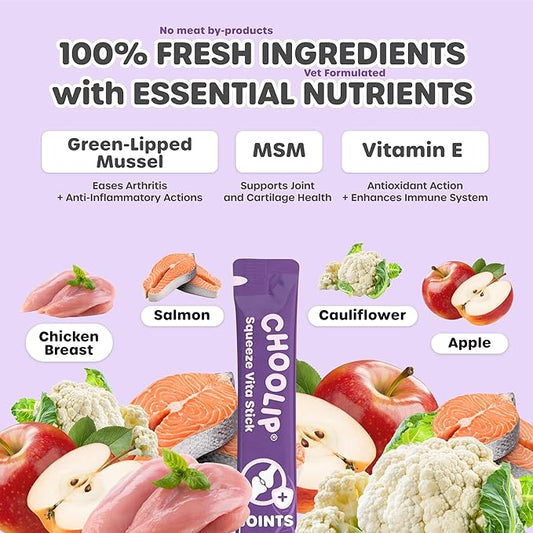 Choolip Squeeze Vita Stick Lickable Cat Treats & Dog Puree – 7-Count Joint Support Tubes, Creamy Grain-Free High-Protein Puree with MSM, Glucosamine & Green Lipped Mussel for Joint & Mobility Health