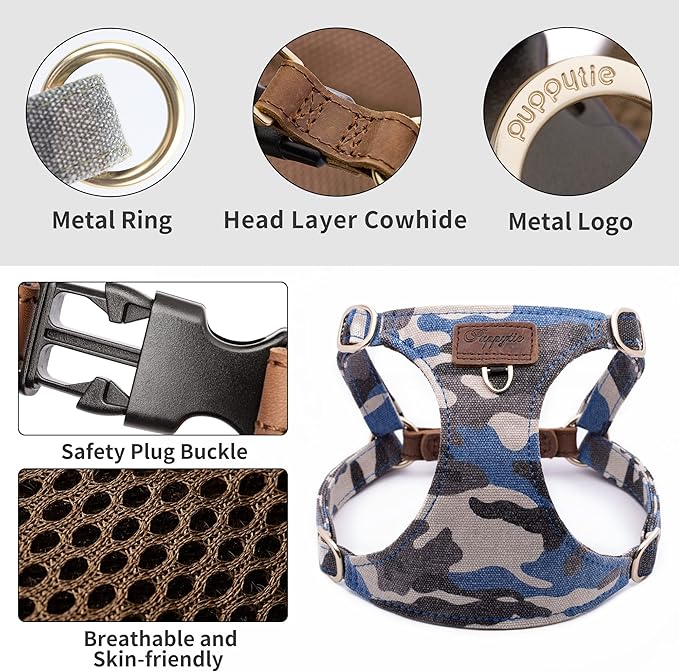 Dog Harness, No Pull Dogs Harness and Multi-Function Leash Set for Medium Dogs Easy Walk Everyday Adjustable Soft Dog Vest Harness Fashionable Dog Accessories Camouflage Blue-Slim Large