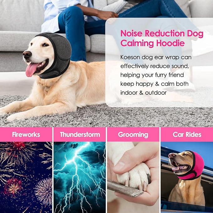 KOESON Dog Calming Hoodie - No Shake Ear Wraps for Dogs, Anxiety Relief & Noise Protection, Water Resistant Pet Ear Cover Muffs for Firework, Grooming, Thunderstorms, Swimming, Bathing, Grey L