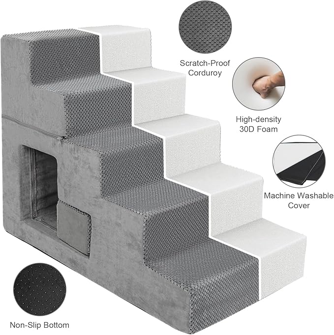Dog Stairs for Small Dogs 23” H, 5-Step Dog Steps for High Bed, High-Density Foam Pet Stairs with Non-Slip Removable Washable Cover to Get on Bed