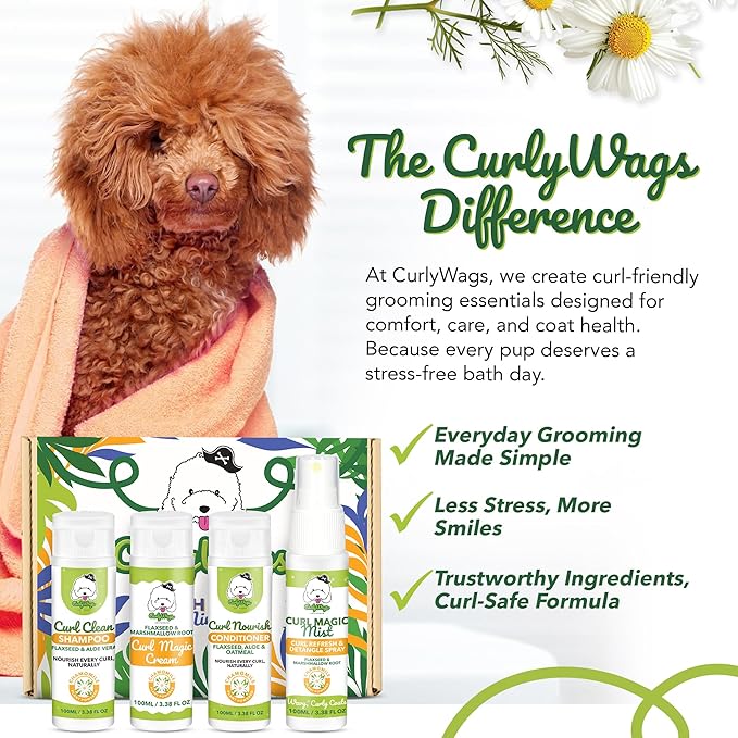 Curly Dog Grooming Kit – Travel-Size Shampoo, Conditioner, Curl Cream & Curl Refresh Detangler Spray, for Doodle, Poodle & Curly Coats, TSA-Friendly Gift Bundle (Chamomile)