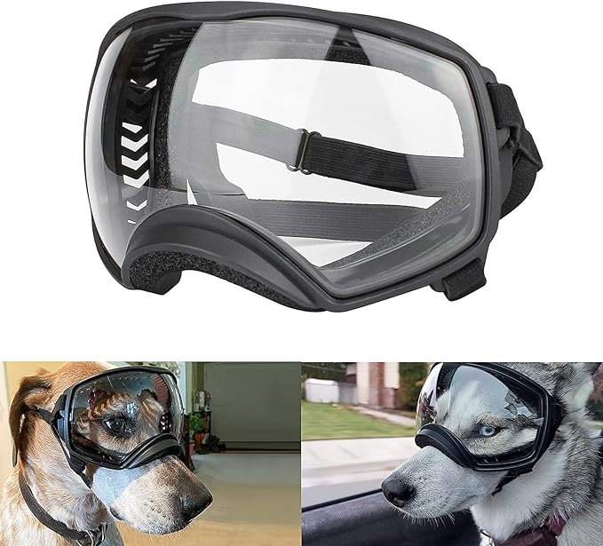 PETLESO Clear Dog Goggles for Large Dogs, Anti-UV Pet Sunglasses for Medium to Large Breed, Dog Eye Protection for Driving Riding Hiking, Wide View &Soft Frame, Adjustable, Clear Lens