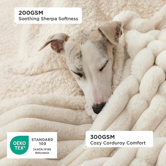 Bedsure Waterproof Dog Blankets for Large Dogs - Soft Pet Cat Blanket Corduroy Fleece for Bed Protector Washable, Cozy Calming Reversible Furniture Protection for Puppy,60"x80", Cream