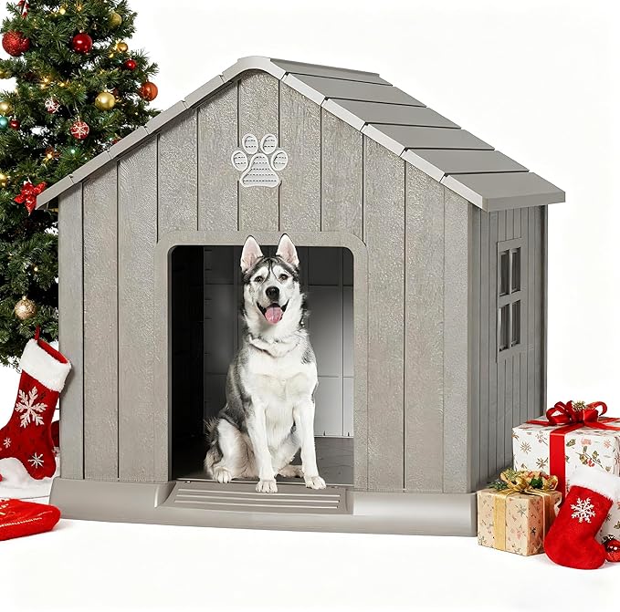 Fancyango Dog House Outdoor Indoor - Waterproof, Ventilated, Easy to Clean, Elevated Floor for Small-Large Dogs, Easy to Assemble (Grey, 37.2" L x 40" W x 40" H)