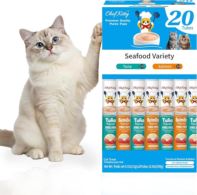Chef Kitty Purée Pops, Cat Treats, Grain-Free, Lickable, Squeezable Creamy Cat Treat/Topper with Vitamin E & Taurine, 0.5 Ounces Each Tube, 20 Tubes, Seafood Mix Variety