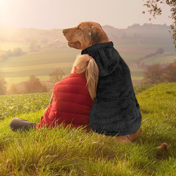 3XL Dog Sweaters for Large Dogs,Dog Hoodie,Warm Fuzzy Fleece Sweatshirt with Hood & Pocket,Leash Hole,Cozy Cold Weather Pet Clothes Sweater Hoodie for Large Dogs(Black,3XL)
