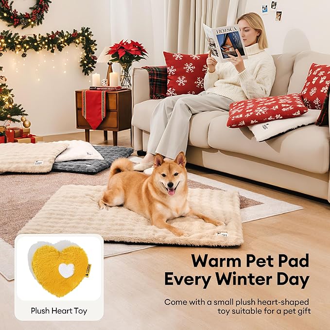 FUNNY FUZZY Self Warming Cat Bed, Waterproof Self Heating Pad for Cats & Dogs, Cozy Plush Warm Pet Mat with Removable Washable Cover - ThermoPad, 25.5"×17.7", Cream White