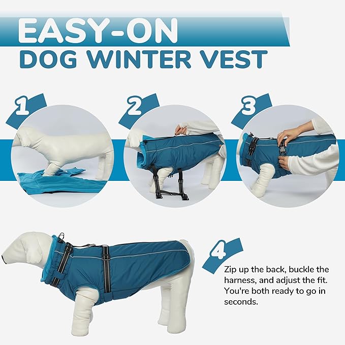 PUMYPOREITY Winter Fleece Coat for Small Dogs, Reflective Dog Jacket with Harness Built in, Waterproof Warm Coat for Dogs, Cold Weather Coats for Outdoor, Therma Windproof Pet Snowsuit, Blue, S