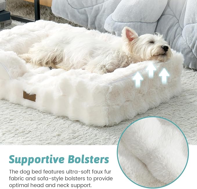 Orthopedic Dog Bed for Medium Small Size Dog, Faux Fur Pet Sofa, Foam Bolster Couch with Waterproof Lining Cover, Anti-Slip, Soft, Warm, Washable, C-Shaped, 30x20x6.5 inch, Beige