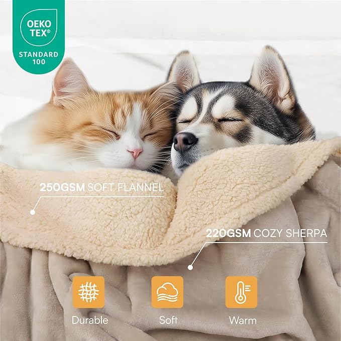 Luciphia Waterproof Pet Blankets, Liquid Pee Proof Dog Blanket for Sofa Bed Couch, Reversible Sherpa Fleece Furniture Protector Cover for Small Medium Large Dogs Cats, Dark Beige King Size（100" x 85"）