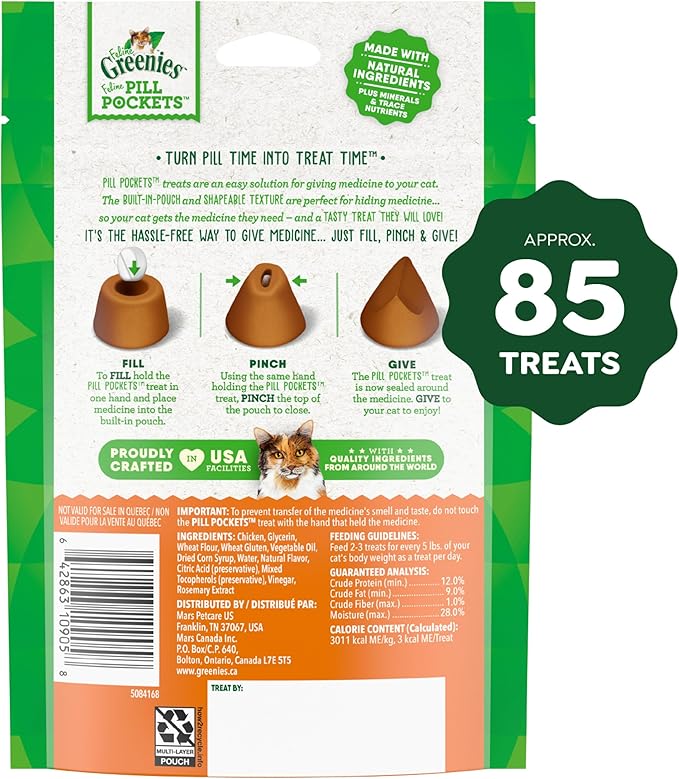 Greenies Feline Pill Pockets for Cats Soft Cat Treats, Chicken Flavor, 1.6 oz. Pouch, 45 Count