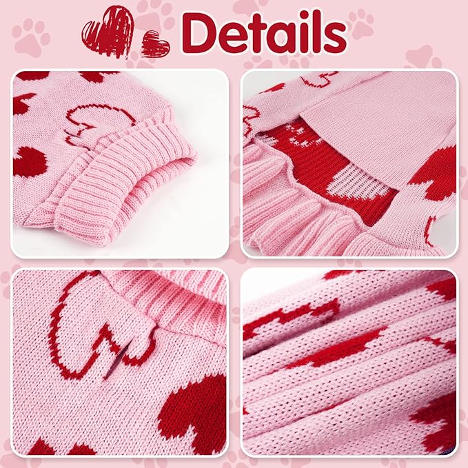 cyeollo Valentines Day Dog Sweater Dress Dog Clothes Pullover Turtleneck with Leash Hole Heart Pattern Holiday Theme Female Pet Apparel for Small Dogs