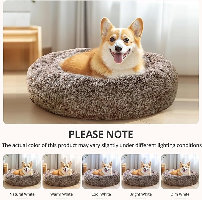 JOLLYVOGUE Small Dog & Cat Beds for Indoor Cats, Donut Cuddler Warming Soft Dog Beds with Anti-Slip Bottom, Round Calming Fluffy Plush Faux Fur Cushion Bed for Medium Dogs (27", Smoke Brown)