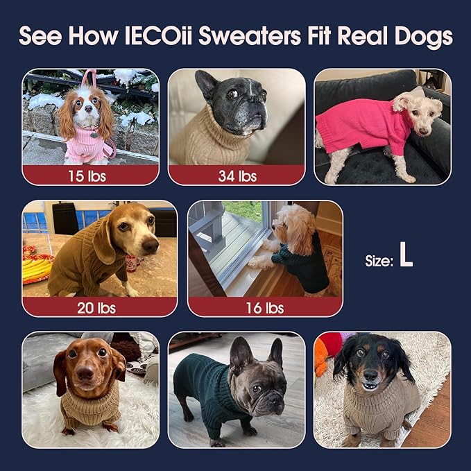 IECOii Dog Sweaters for Medium Dogs Girl Boy,Christmas Knit Doggy Sweatshirt with Sleeve,Turtleneck Thick Warm Dog Sweaters for Winter,Pullover Knitwear for French Bulldog,Boston Terrier (Red, L)