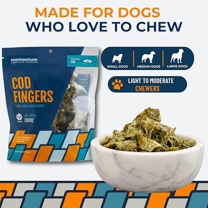 Momentum Carnivore Nutrition Cod Fingers Dog Treats – Single Ingredient Icelandic Cod Skin – Natural Dental Support, High-Protein Fish Chews– Healthy Dog & Cat Treats – 4 oz Bag