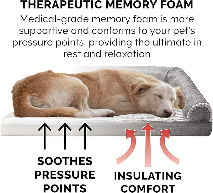 Furhaven Memory Foam Dog Bed for Large/Medium Dogs w/ Removable Bolsters & Washable Cover, For Dogs Up to 55 lbs - Luxe Faux Fur & Performance Linen Sofa - Charcoal, Large