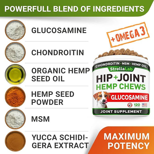 STRELLALAB Hemp Chews for Dogs - Hip & Joint Supplement with Glucosamine - Joint Pain Relief Treats - Omega 3, Chondroitin, MSM - Advanced Mobility Support - Chicken Flavor - 120 Ct - Made in USA