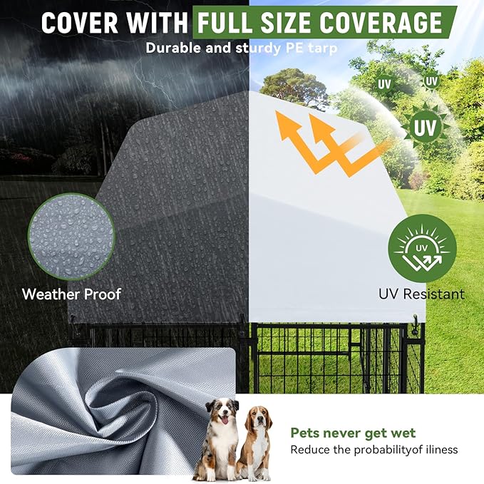 Vagger 6x4x5FT Outdoor Dog Kennel for Large Dogs,Extra Large Welded Wire Fence Playpen for Outside,Newly Upgraded Security Door Lock and Panel Connector/UV-Resistant Waterproof Roof Cover