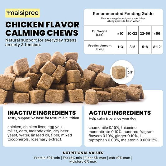 MalsiPree Calming Chews for Dogs - 145 pcs Chicken - Helps Regulate Mood - Relief Treats - No Sedative Effect - Freeze Dried - with Passion Flower & Melatonin