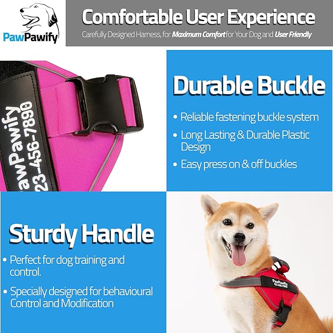 PawPawify Custom No Pull Dog Harness with Name and Phone Number, Heavy Duty Personalized Pet Vest to Prevent Tugging, Pulling, or Choking, Training and Walking (New Red, XXL (Chest 36-42in))