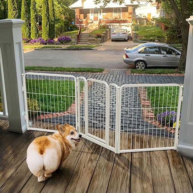 FXW Dog Gate Extra Wide Designed for Indoor Use, Adjustable Width Up to 69-inch Wide (24" H 3 Wire Panels for Puppies and Small Dogs), White