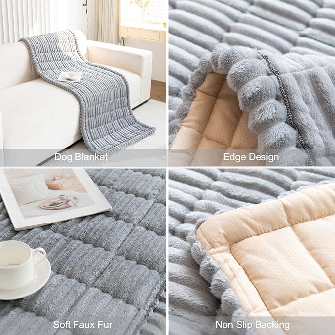 Faux Fur Plush Dog Couch Cover 3D Stripe Fuzzy Sofa Cover Non-Slip Fluffy Dog Bed Cover Pet Blanket Sofa Couch Furniture Protector for Puppy Large Dog Cat (Light Grey,35"x35")