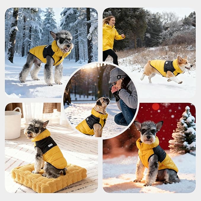 FOFOS Dog Winter Coat, Plush Dog Jacket with Leash Hole, Adjustable Warm Pet Snow Vest for Small Medium Dogs, Yellow, XS