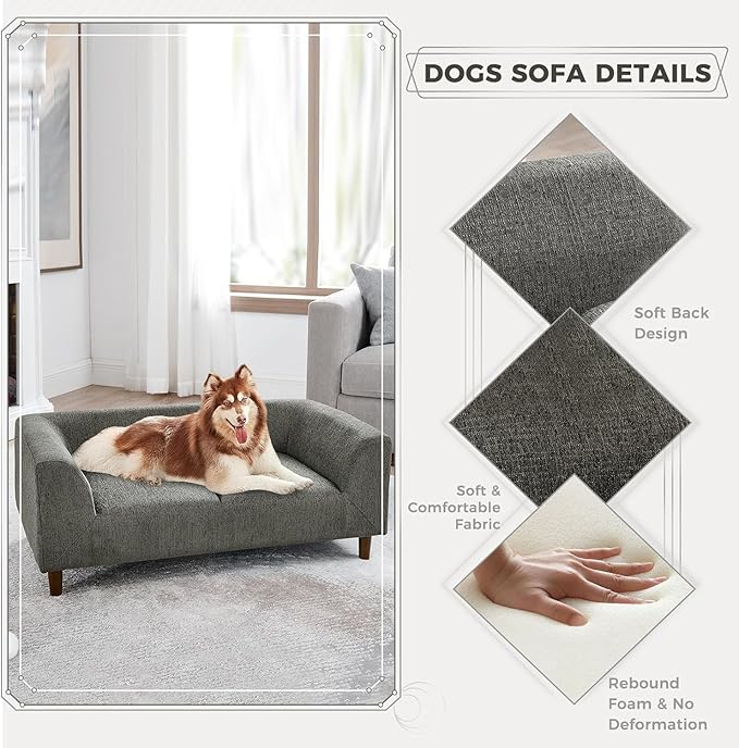 Dog Sofa Couch for Medium Dogs with Backrest and Armrest, Memory Foam Dog Sofa Bed, Modern Elevated Pet Couch Bed with Wooden Legs, Dark Grey