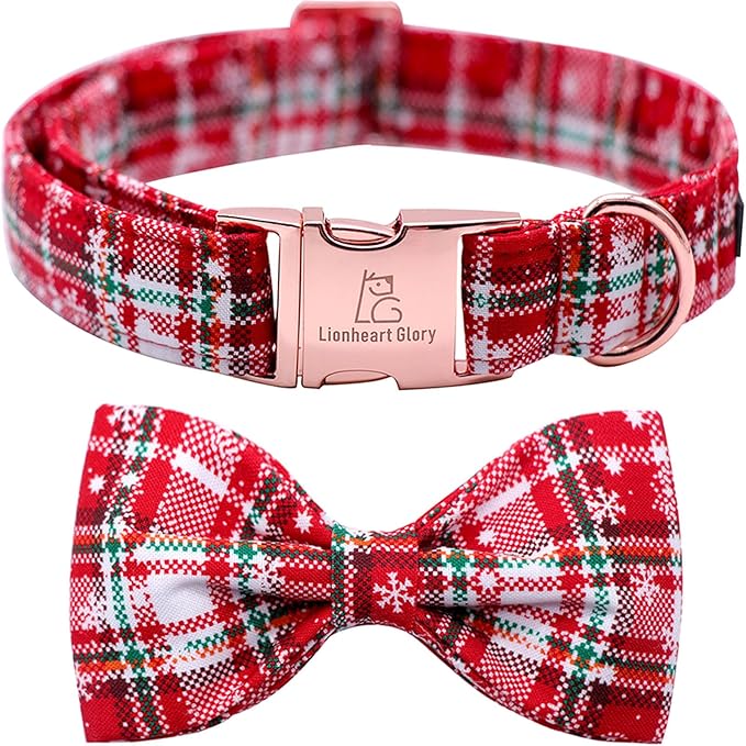 Lionheart glory Christmas Plaid Dog Collar Adjustable Soft Dog Collar with Bowtie, Pet Gift Dog Collars Bow for Small Medium Large Dogs