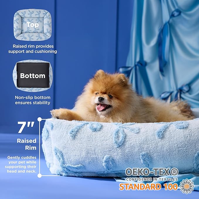 LE SURE Cute Dog Bed for Small Dogs - Washable Puppy Beds,Cozy Rectangle Orthopedic Pet Sofa with Jacquard Shaggy Plush & Anti Slip Bottom,25x21x7inches