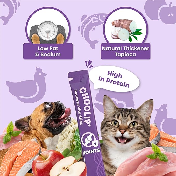Choolip Squeeze Vita Stick Lickable Cat and Dog Treats – 49-Count Joint Support Sticks with Multivitamins, Soft Squeezable Paste for All Life Stages, Supporting Joint Health - Box with 7 Pouches