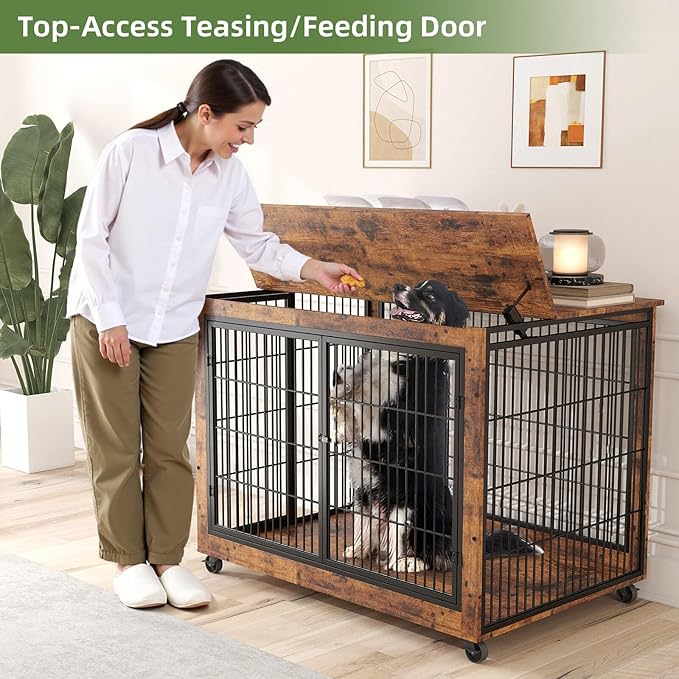 43" Movable Extra Large Dog Crate, Wooden Furniture Dog Crate with Top Access for Teasing/Feeding, 4 Rotating Wheels, Heavy-Duty Large Dog Kennel Indoor as End Table, Chew-Resistant, Brown