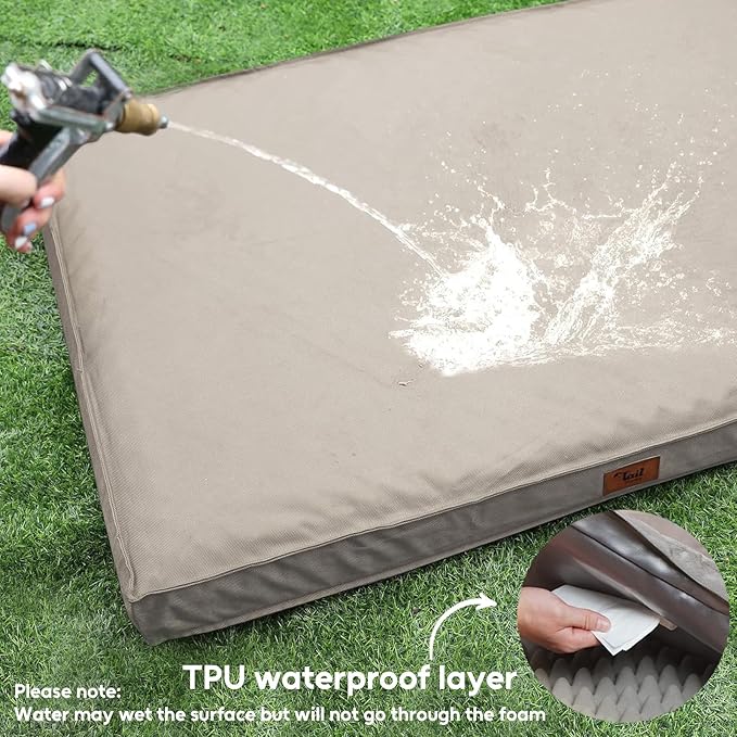 Large Outdoor All Weather Dog Bed, Waterproof Pet Bed for Large Dogs, Orthopedic Egg Crate Foam with Washable Removable Oxford Cooling Cover, 36x27 Inch, Khaki