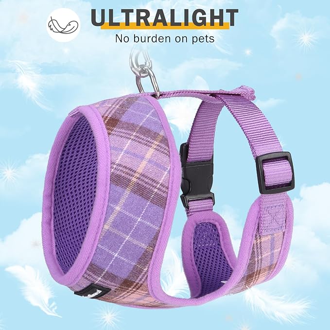 SCENEREAL Puppy Dog Harness with Leash Set for Small Medium Sized Dogs, Soft Mesh Step in Pet Harnesses and Leash, No Chock Plaid Adjustable No Pull Vest for Dogs Cats, Chihuahua,Bulldog (Purple M)