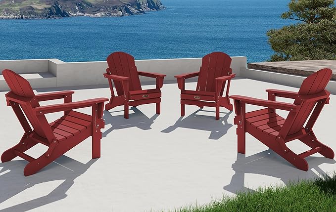 SERWALL Folding Adirondack Chair Set of 8 Weather Resistant for Patio -Red