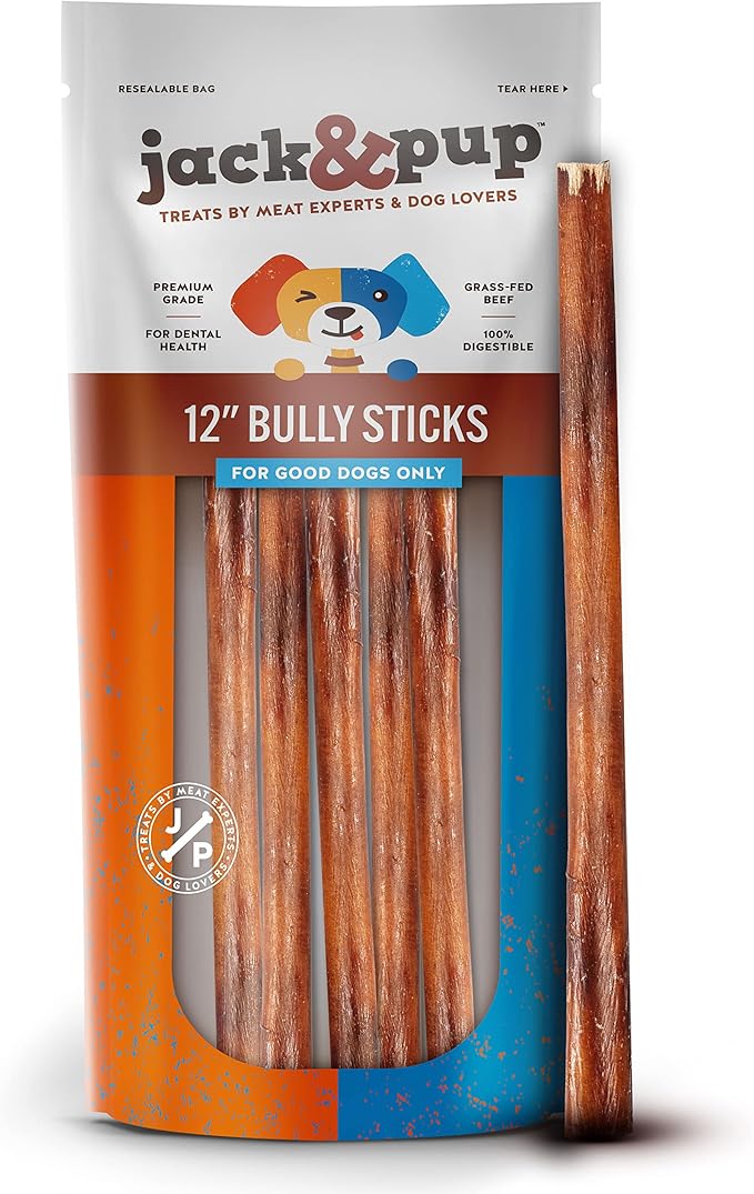 Jack&Pup 12 Inch Standard Bully Sticks for Medium and Large Dogs (5 Pack) Single Ingredient Dog Chew Bully Stick