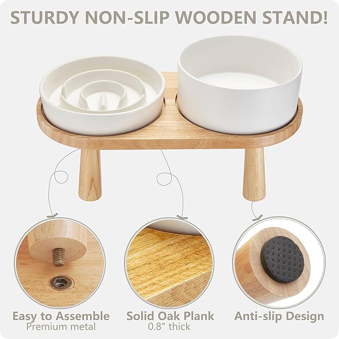 Ceramic Slow Feeder and Water Bowl Set for Small Dogs, 6.0inch Ceramic Dog Bowls Elevated with Wooden Stand, 0.6 Cups Dog Slow Feeder(14oz) and 30oz Water Bowl Set, White