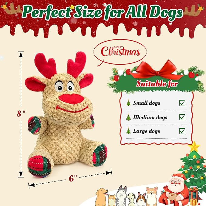 Christmas Dog Toys - Cute Reindeer Durable Squeaky Plush Dog Toy for Small, Medium & Large Dogs, Soft Xmas Gift for Pets