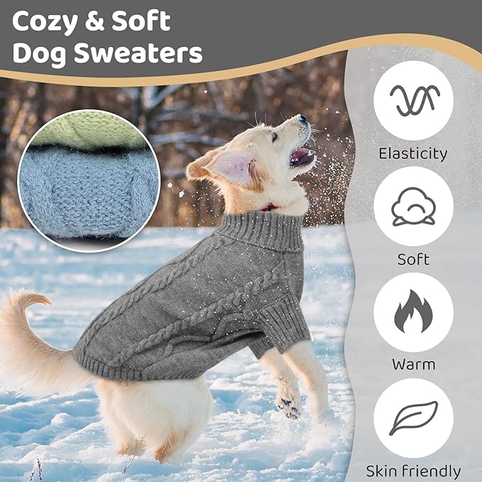 Queenmore Small Dog Pullover Sweater, Cold Weather Cable Knitwear, Classic Turtleneck Thick Warm Clothes for Chihuahua, Bulldog, Dachshund, Pug (Slate Grey, Small)