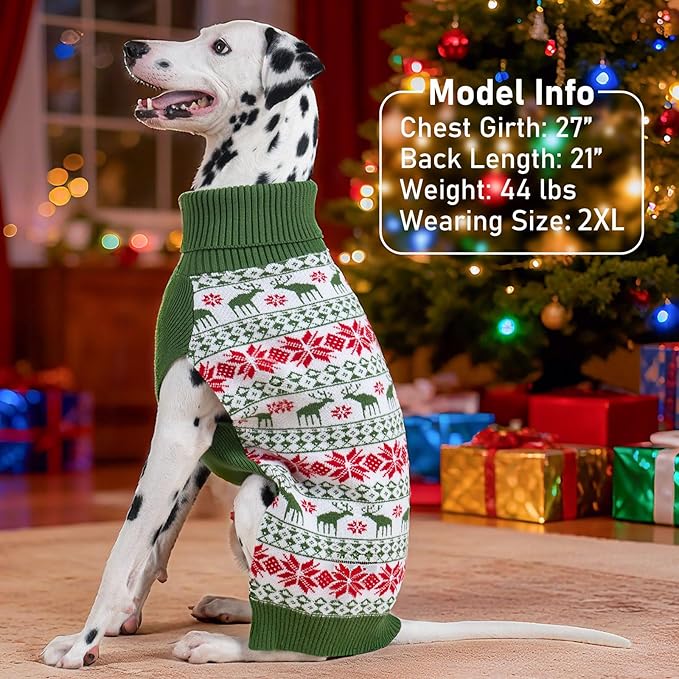 KYEESE Dog Christmas Sweater, Cozy Turtleneck Dog Sweater for Medium Dogs Boy Girl with Snowflake Reindeer Pattern, Winter Doggie Knitwear with Leash Hole, Warm Pet Clothes, XX-Large