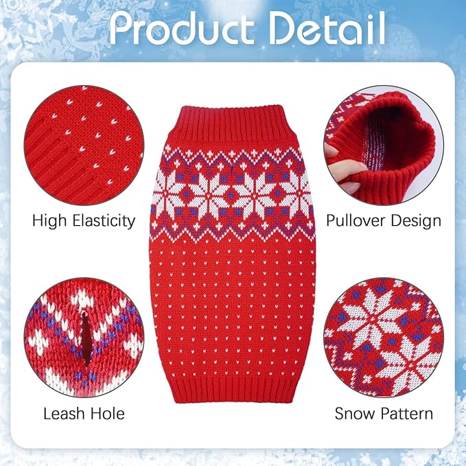 Kuoser Dog Christmas Sweater, Soft Warm Xmas Sweaters for Small Medium Large Dogs Boy Girl, Comfortable Dog Sweater with Leash Hole Snowflake Puppy Knit Outfit for Holiday Winter Fall, Red XS